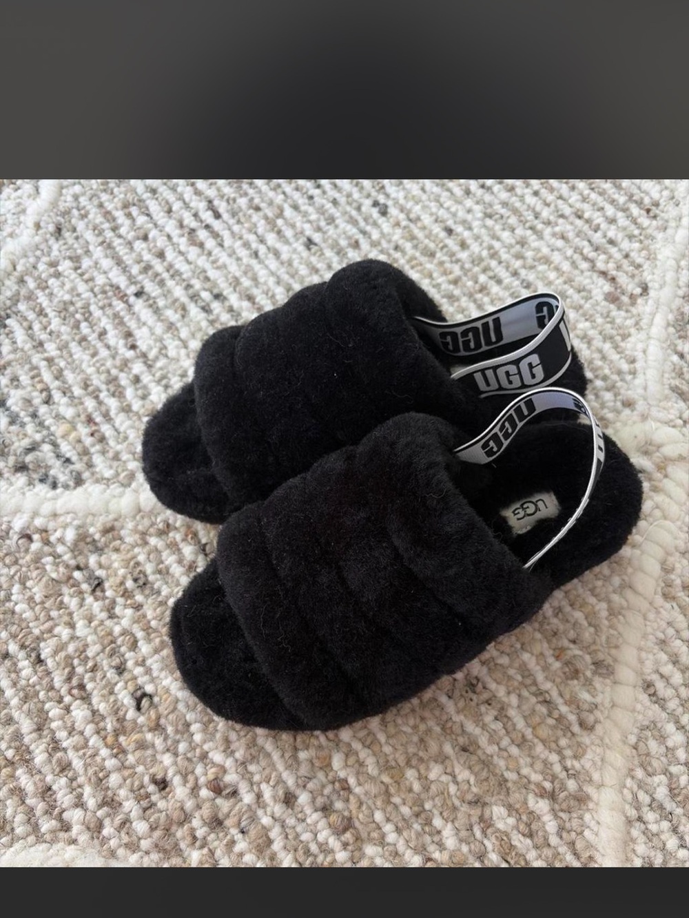 UGG Kids Black Plush Slide with Branded Heel Strap
